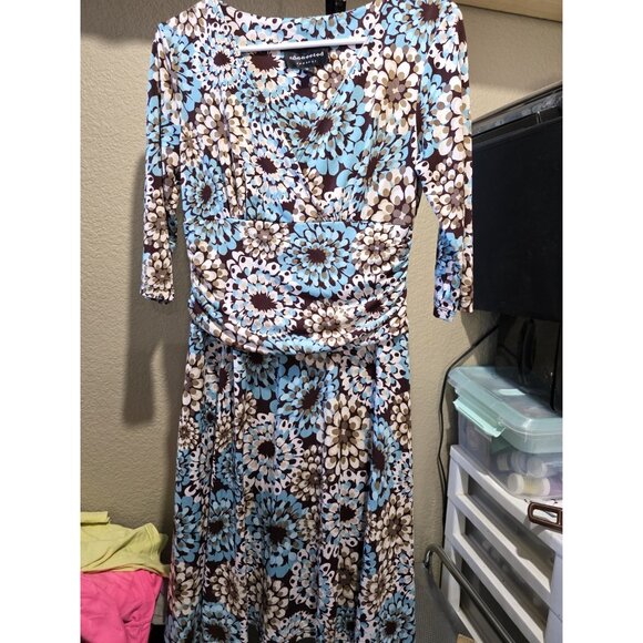 Connected Apparel Blue Brown Floral Knee Length Dress Women's Size 10 - Picture 1 of 5